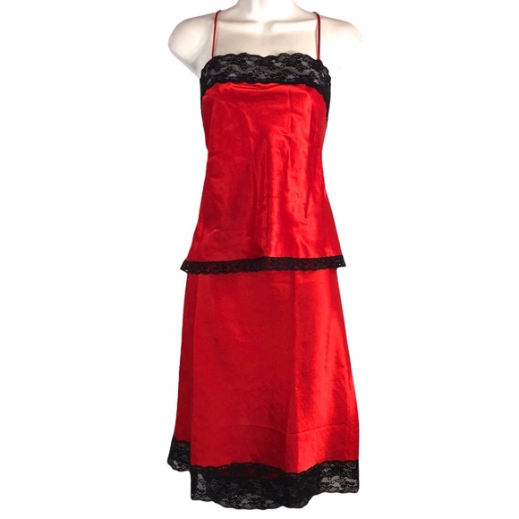Vtg Red Black Lace Camisole & Slip Matching Set